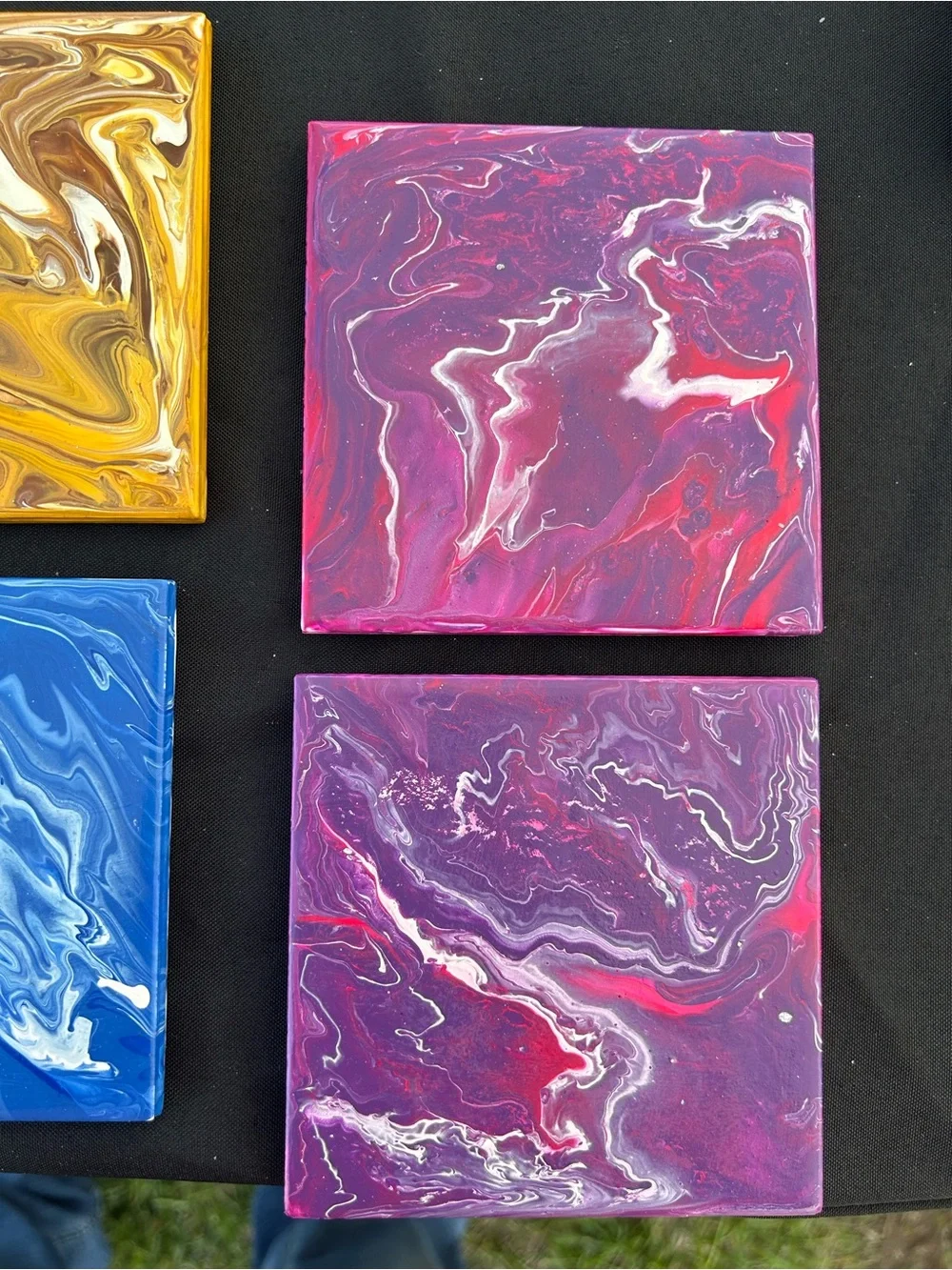 One Of A Kind 4 Set Abstract Fluid Art Coasters- Yellow, Blue, Pink, Purple